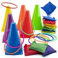 [아마존베스트]Prextex 3 in 1 Carnival Outdoor Games Combo Set Cornhole Bean Bags Ring Toss Game and Birthday Party Outdoor Games Supplies Plastic Cone Set 26 Piece Set