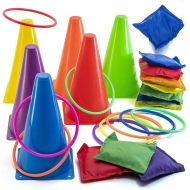 Prextex 3 in 1 Carnival Outdoor Games Combo Set Cornhole Bean Bags Ring Toss Game and Birthday Party Outdoor Games Supplies Plastic Cone Set 26 Piece Set