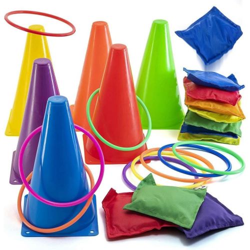  Prextex 3 in 1 Carnival Outdoor Games Combo Set Cornhole Bean Bags Ring Toss Game and Birthday Party Outdoor Games Supplies Plastic Cone Set 26 Piece Set