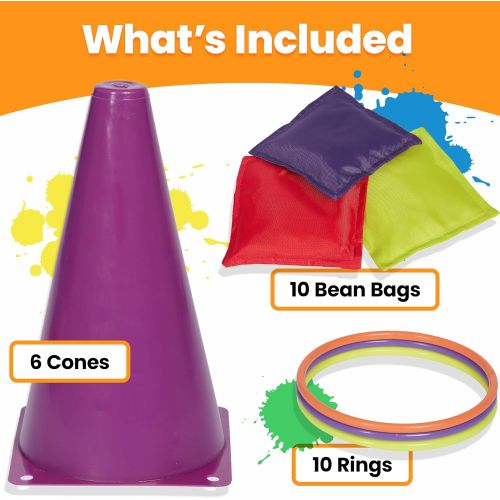  Prextex 3 in 1 Carnival Outdoor Games Combo Set Cornhole Bean Bags Ring Toss Game and Birthday Party Outdoor Games Supplies Plastic Cone Set 26 Piece Set