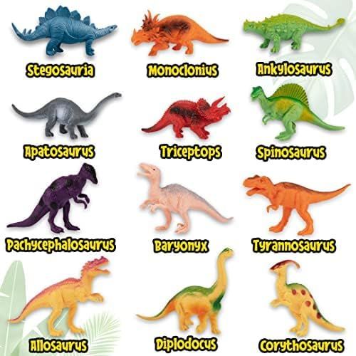  Prextex Realistic Looking 7 Dinosaurs Pack of 12 Large Plastic Assorted Dinosaur Figures with Dinosaur Book