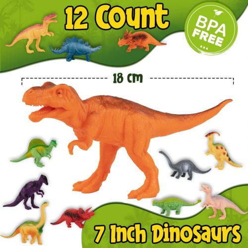  Prextex Realistic Looking 7 Dinosaurs Pack of 12 Large Plastic Assorted Dinosaur Figures with Dinosaur Book