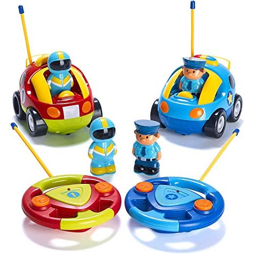  [아마존베스트]Prextex Pack of 2 Cartoon R/C Police Car and Race Car Radio Control Toys for Kids- Each with Different Frequencies So Both Can Race Together