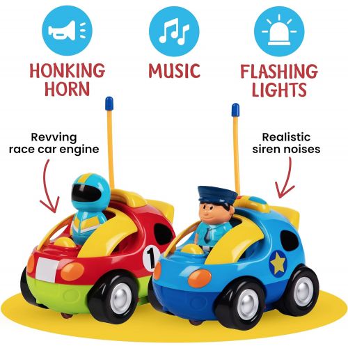  [아마존베스트]Prextex Pack of 2 Cartoon R/C Police Car and Race Car Radio Control Toys for Kids- Each with Different Frequencies So Both Can Race Together