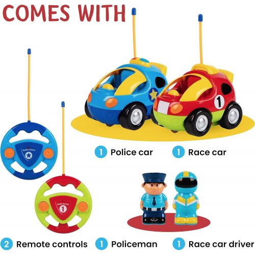  [아마존베스트]Prextex Pack of 2 Cartoon R/C Police Car and Race Car Radio Control Toys for Kids- Each with Different Frequencies So Both Can Race Together