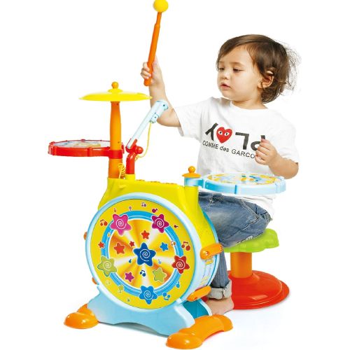  [아마존베스트]Prextex Kids Electric Toy Drum Set for Kids Working Microphone Lights and Adjustable Sound Bass Drum Pedal Drum Sticks with Little Chair All Included