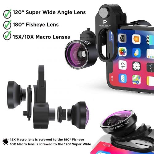  Prime Focal Phone Camera Lens Kit with Swappable Lens Design Includes Premium Lenses 120º Super Wide Lens, 180º FISHEYE Lens and 10X15X Macro Lens Camera Lens Kit for iPhone X