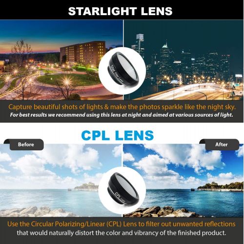  Prime Focal Wanderer - 6 in 1 Smartphone Camera Lens Kit for iPhone X, XS, XS Max, GalaxyNote, Huawei, and Most Smartphone Devices, with TELEPHOTO, Wide Angle, FISHEYE, CPL, Macro