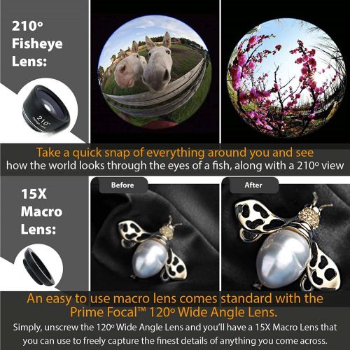  Prime Focal Wanderer - 6 in 1 Smartphone Camera Lens Kit for iPhone X, XS, XS Max, GalaxyNote, Huawei, and Most Smartphone Devices, with TELEPHOTO, Wide Angle, FISHEYE, CPL, Macro