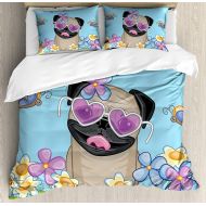 Prime Leader Full Bedding Sets for Boys,Pug Duvet Cover Set,Adorable Puppy on The Field Flowers Butterflies Heart Shaped Clouds Open Sky,Cosy House Collection 4 Piece Bedding Sets