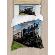 Prime Leader Girls Boys Child Queen Bedding Sets, Steam Engine Duvet Cover Set, Vintage Locomotive in Countryside Scenery Green Grass Puff Train Picture, Cosy House Collection 4 Piece Bedding S