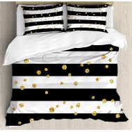 Prime Leader Girls Boys Child Queen Bedding Sets, Gold and White Duvet Cover Set by, Horizontal Bold Lines and Stripes with Polka Dots Circles Image, Cosy House Collection 4 Piece Bedding Sets