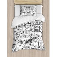 Prime Leader Full Bedding Sets for Boys, Video Games Duvet Cover Set, Monochrome Sketch Style Gaming Design Racing Monitor Device Gadget Teen 90s, Cosy House Collection 4 Piece Bedding Sets