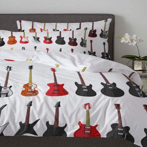  Prime Leader 3 Piece Bedding Set Queen, 18 Different Types of Guitars Musical Instruments Duvet Cover Set for Girls Boys Children Adult, Ultra Soft and Easy Care Sheet Quilt Sets with Decorativ