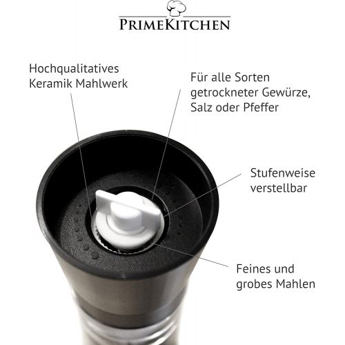  PrimeKitchen Dual Salzstreuer & Pfeffermuehle I qualitative Gewuerzmuehle leicht einstellbares Keramikmahlwerk I echter Blickfang Kueche patentiertes Edel-Design (Schwarz), 17,6 cm gro