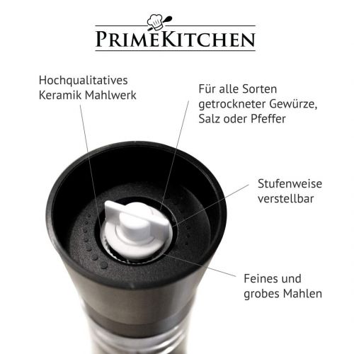  PrimeKitchen Salzstreuer & Pfeffermuehle Set | 2X qualitative Gewuerzmuehle | leicht einstellbares Keramikmahlwerk | echter Blickfang Kueche (Schwarz/Schwarz)