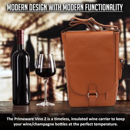  Primeware Luxury Wine Tote Travel Bag/Genuine Leather 2 Bottle Wine Messenger Bag Carrier/Insulated Lining with Easy to Carry Shoulder Strap/Corkscrew Included/Great Gift