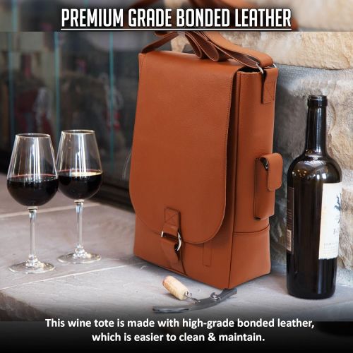  Primeware Luxury Wine Tote Travel Bag/Genuine Leather 2 Bottle Wine Messenger Bag Carrier/Insulated Lining with Easy to Carry Shoulder Strap/Corkscrew Included/Great Gift