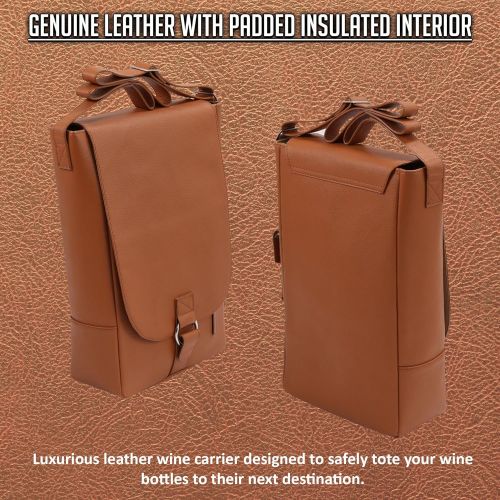  Primeware Luxury Wine Tote Travel Bag/Genuine Leather 2 Bottle Wine Messenger Bag Carrier/Insulated Lining with Easy to Carry Shoulder Strap/Corkscrew Included/Great Gift