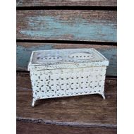 /Primitivepincushion Vintage Vanity Metal Toothbrush cup Holder Hollywood Regency Shabby Chic Distressed Chippy Handpainted Antique off White Basketweave Lucite