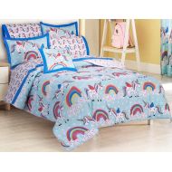Primor Casa Rainbow Unicorns Reversible Comforter Set for Girls, 4 Pieces, Light Green Pink Blue Bedding, Rich Cotton (Full Size)
