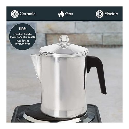  Primula Today Aluminum Stove Top Percolator Maker Durable, Brew Coffee On Stovetop, 9 Cup, Silver