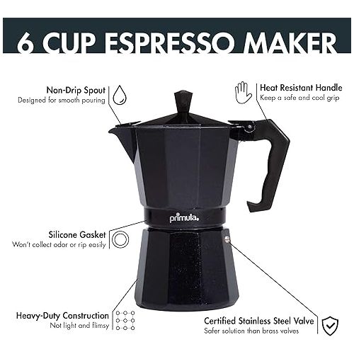  Primula Classic Stovetop Espresso and Coffee Maker, Moka Pot for Italian and Cuban Cafe Brewing, Greca Coffee Maker, Cafeteras, 6 Espresso Cups, Black