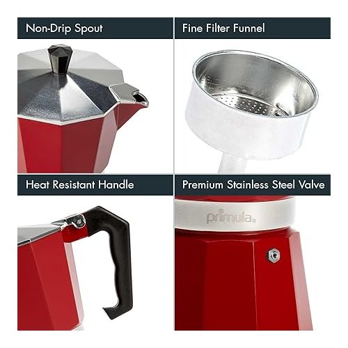  Primula Classic Stovetop Espresso and Coffee Maker, Moka Pot for Italian and Cuban Cafe Brewing, Greca Coffee Maker, Cafeteras, 6 Espresso Cups, Red