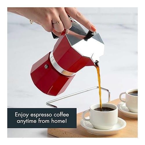  Primula Classic Stovetop Espresso and Coffee Maker, Moka Pot for Italian and Cuban Cafe Brewing, Greca Coffee Maker, Cafeteras, 6 Espresso Cups, Red