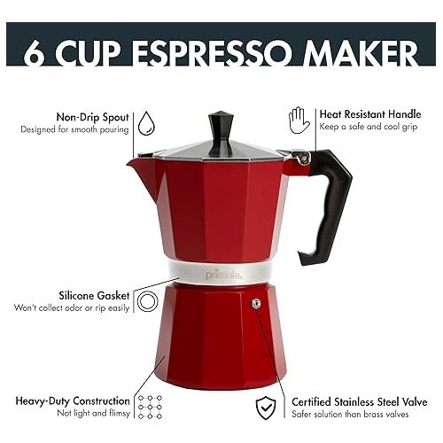  Primula Classic Stovetop Espresso and Coffee Maker, Moka Pot for Italian and Cuban Cafe Brewing, Greca Coffee Maker, Cafeteras, 6 Espresso Cups, Red