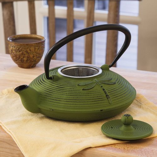  Primula Cast Iron Teapot | Green Dragonfly Design w/Stainless Steel Infuser, 26 oz