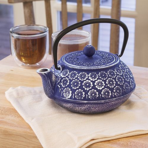  Primula Cast Iron Teapot | Blue Floral Design w/Stainless Steel Infuser,34 oz