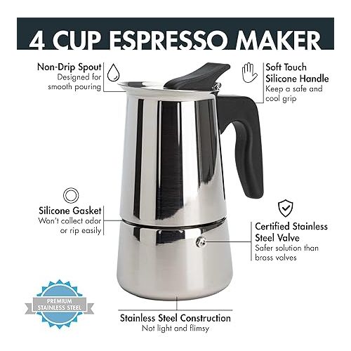  Primula Stainless Steel Stovetop Espresso Coffee Maker, 4-Cup, 3.5