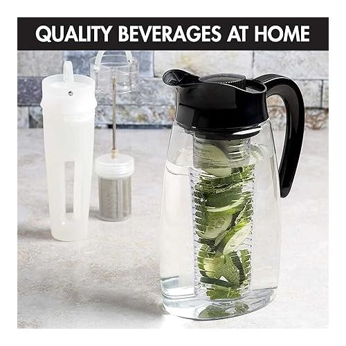  Primula Flavor-It Beverage System, Includes Large Capacity Fruit Infuser Core, Tea Infuser Core, and Chill Core, Dishwasher Safe Pitcher, 2.9-Quart, Black