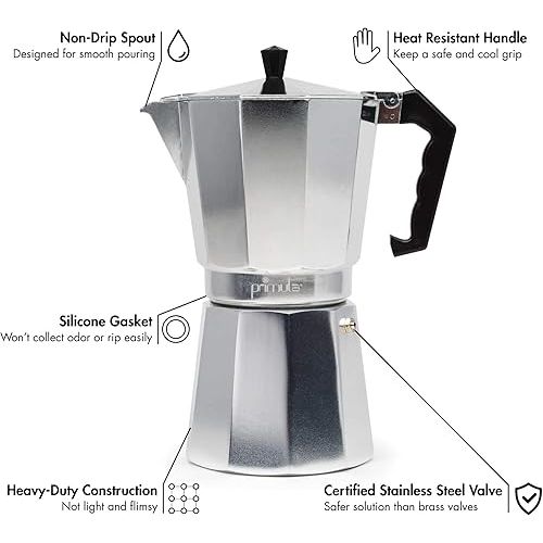  Primula Classic Stovetop Espresso and Coffee Maker, Moka Pot for Italian and Cuban Cafe Brewing, Greca Coffee Maker, Cafeteras, 12 Espresso Cups, Silver