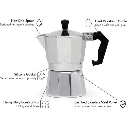  Primula Classic Stovetop Espresso and Coffee Maker, Moka Pot for Italian and Cuban Cafe Brewing, Greca Coffee Maker, Cafeteras, 3 Espresso Cups, Silver