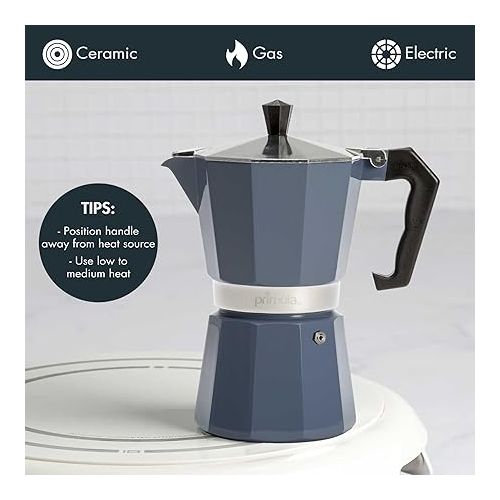  Primula Classic Stovetop Espresso and Coffee Maker, Moka Pot for Italian and Cuban Cafe Brewing, Greca Coffee Maker, Cafeteras, 6 Espresso Cups, Blue