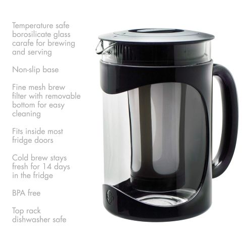  Primula PBPBK-5101 Burke Deluxe Cold Brew Iced Coffee Maker, Comfort Grip Handle, Durable Glass Carafe, Removable Mesh Filter, Perfect 6 Cup Size, Dishwasher Safe, 1.6 Qt, Black