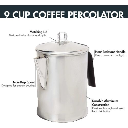  Primula TPA-3609 Today Aluminum Stove Top Percolator Maker Durable, Brew Coffee On Stovetop, Grill Or Campfire, 9 Cup