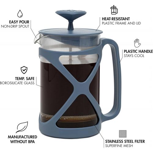  Primula Tempo French Press Premium Filtration with No Grounds, Heat Resistant Borosilicate Glass, Blue, 24 oz