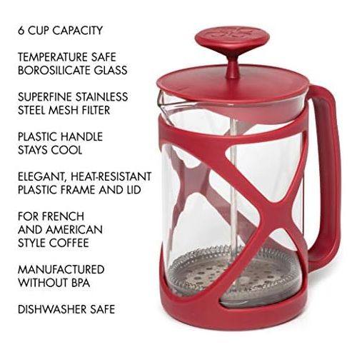  Primula Tempo French Press Premium Filtration with No Grounds, Heat Resistant Borosilicate Glass, 8 Cup, Red