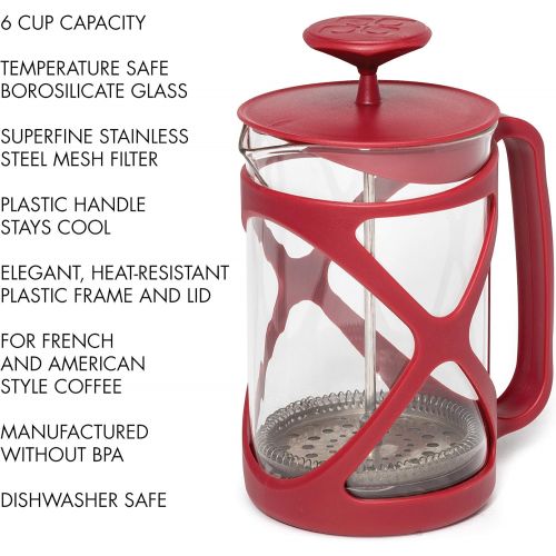  Primula Tempo French Press Premium Filtration with No Grounds, Heat Resistant Borosilicate Glass, 8 Cup, Red