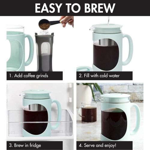  [아마존베스트]Primula Burke Deluxe Cold Brew Iced Coffee Maker, Comfort Grip Handle, Durable Glass Carafe, Removable Mesh Filter, Perfect 6 Cup Size, Dishwasher Safe, 1.6 Qt, Aqua