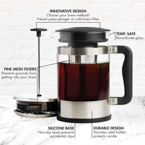  [아마존베스트]Primula 2-in-1 French Press Cold Brew One Coffee Maker, Comfort Grip Handle, Durable Glass Carafe, Perfect Size, 6 Cup, Stainless Steel