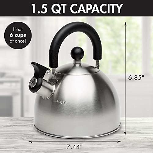  [아마존베스트]Primula Stewart Whistling Stovetop Tea Kettle Food Grade Stainless Steel, Hot Water Fast to Boil, Cool Touch Folding Handle, 1.5 Qt, Brushed