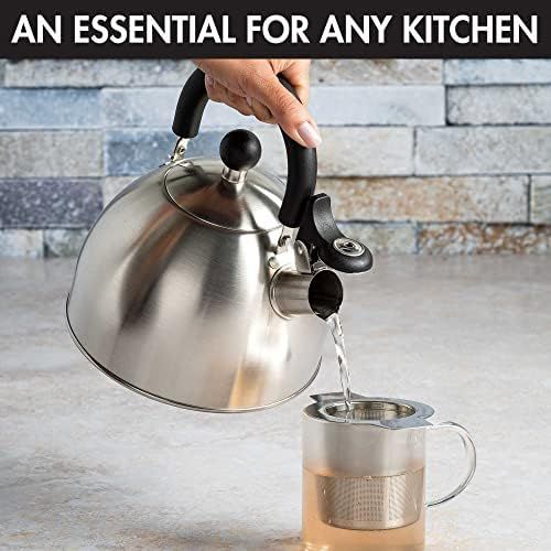  [아마존베스트]Primula Stewart Whistling Stovetop Tea Kettle Food Grade Stainless Steel, Hot Water Fast to Boil, Cool Touch Folding Handle, 1.5 Qt, Brushed