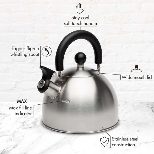  [아마존베스트]Primula Stewart Whistling Stovetop Tea Kettle Food Grade Stainless Steel, Hot Water Fast to Boil, Cool Touch Folding Handle, 1.5 Qt, Brushed