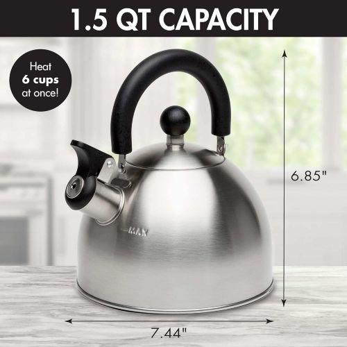  [아마존베스트]Primula Stewart Whistling Stovetop Tea Kettle Food Grade Stainless Steel, Hot Water Fast to Boil, Cool Touch Folding Handle, 1.5 Qt, Brushed