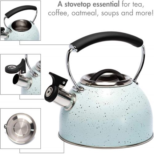  Primula Chelsea Whistling Stovetop Tea Kettle Food Grade Stainless Steel Hot Water, Fast to Boil, Cool Touch Handle, 2.3 Quart, Aqua Speckle