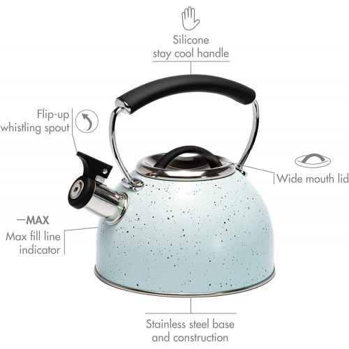  Primula Chelsea Whistling Stovetop Tea Kettle Food Grade Stainless Steel Hot Water, Fast to Boil, Cool Touch Handle, 2.3 Quart, Aqua Speckle